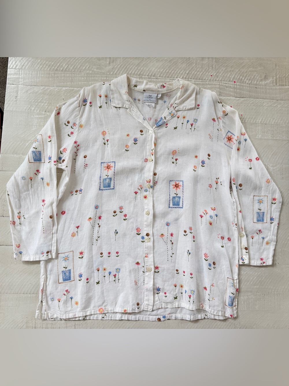 Women’s Novelty Garden Floral Print 100% Linen White Button-Up Shirt Size Large